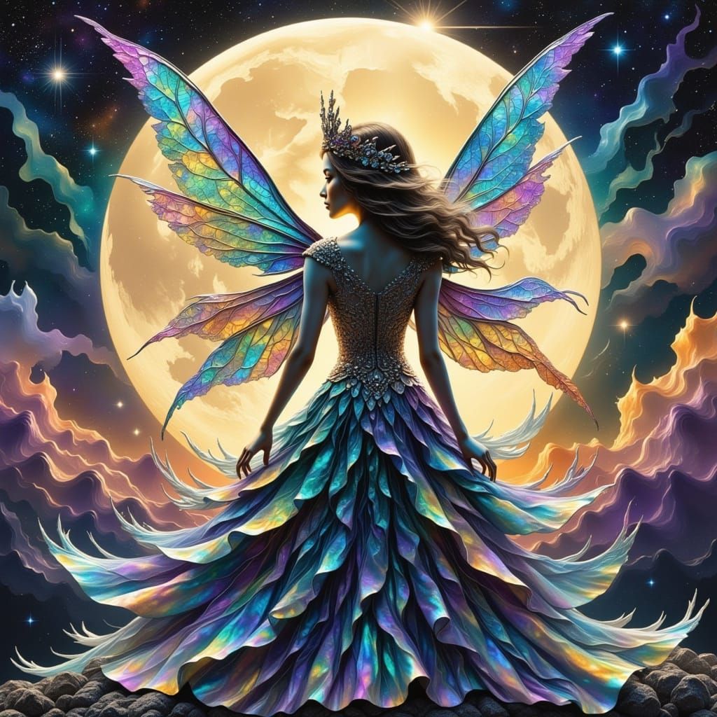 Ethereal Fairy in Victorian Gown Before Moon