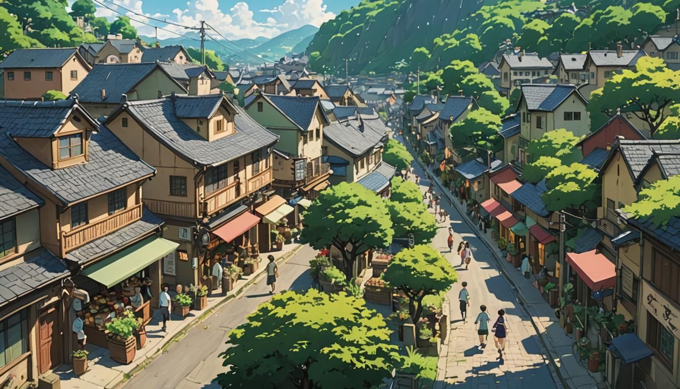 Lively Valley Town in Anime Style