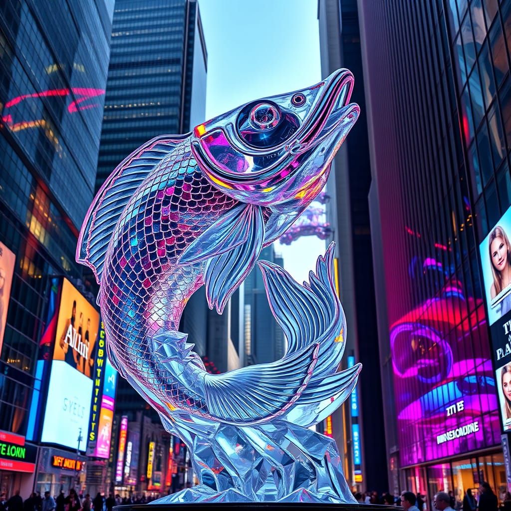 Colossal Crystal Fish Statue in Neon Metropolis
