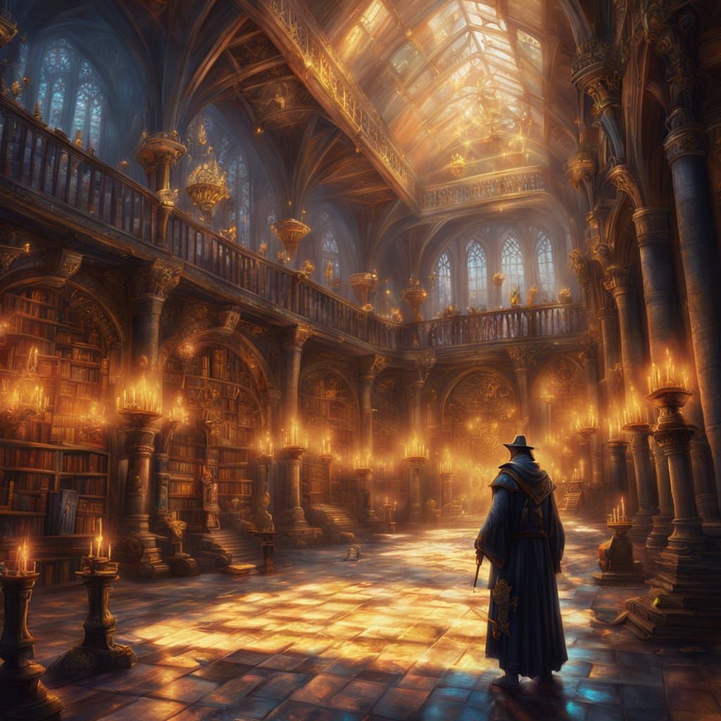 Sorcerers in Grand Hall: Vibrant Oil Painting