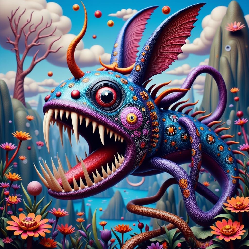 Mythical Angler Rabbit Emerges from Dreamlike Landscape