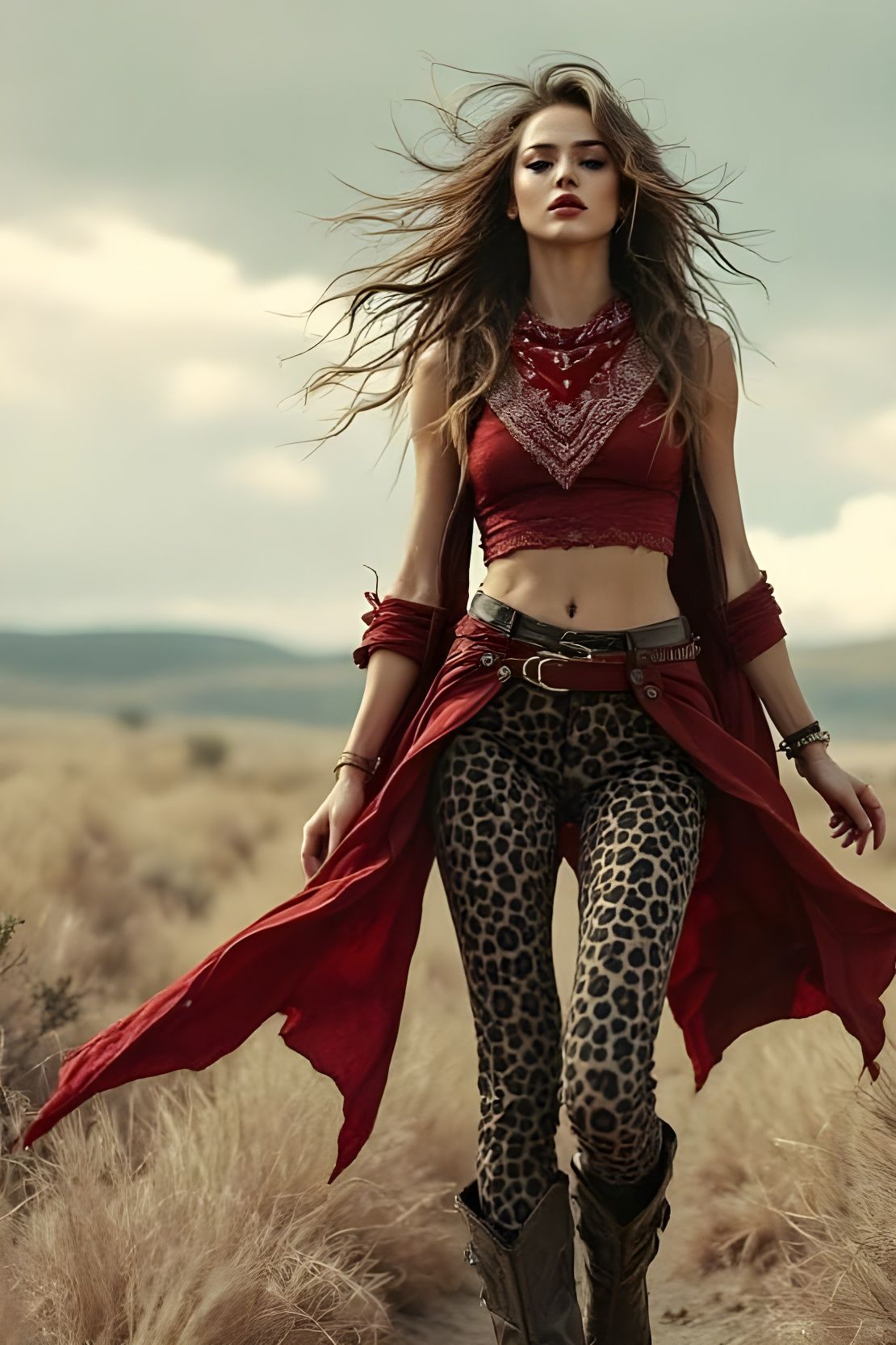 Defiant Country Singer on Grassy Trail as Expressive Digital...