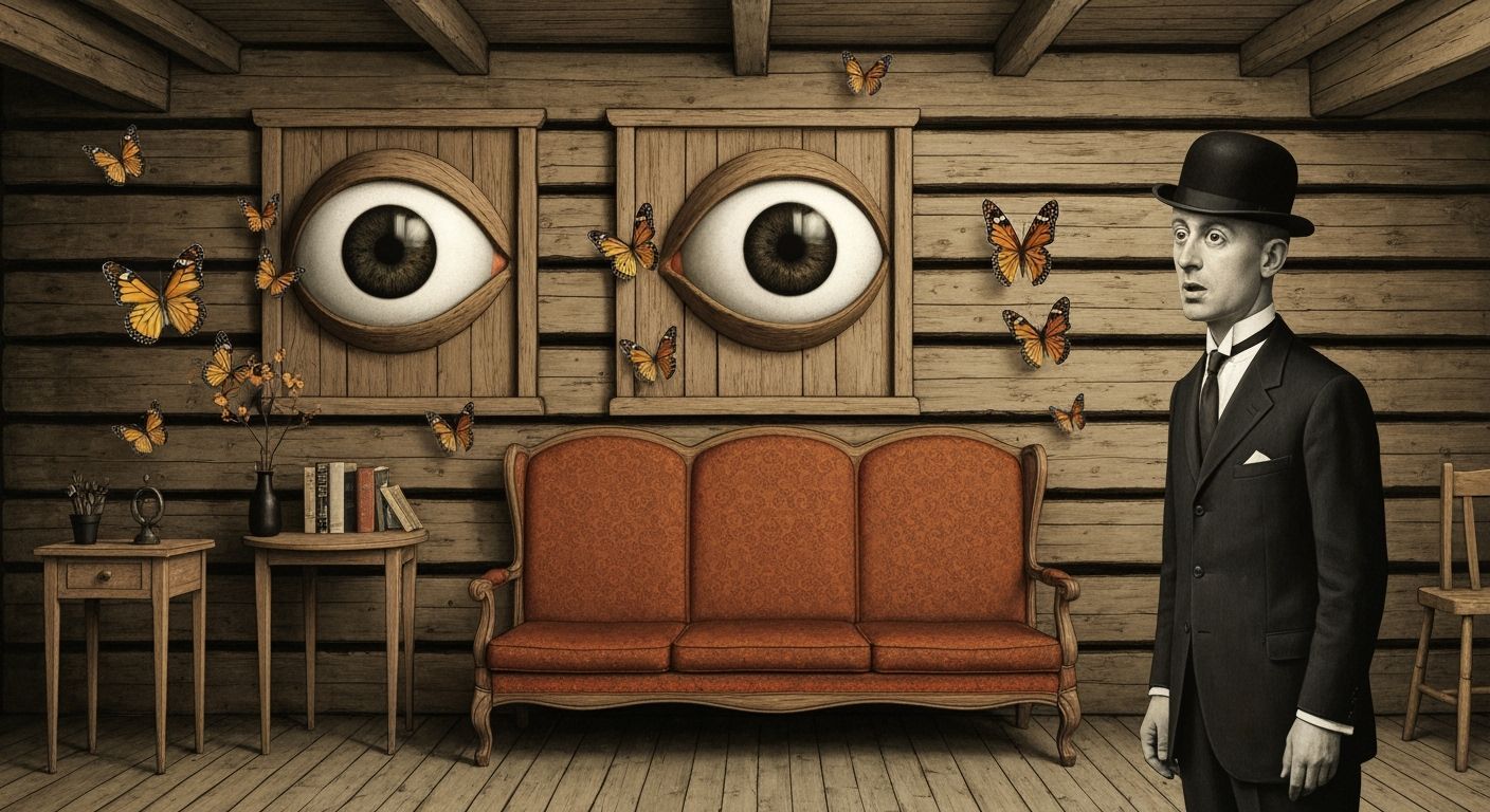 Surreal Cabin Scene: Butterflies Emerge from Wooden Eyes