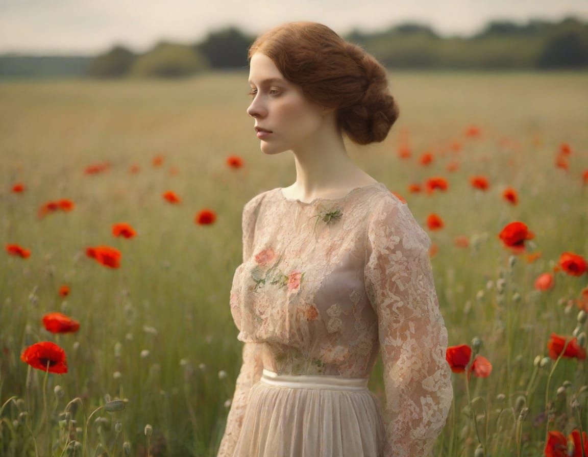 Romantic Pre-Raphaelite Woman in a Flower Field