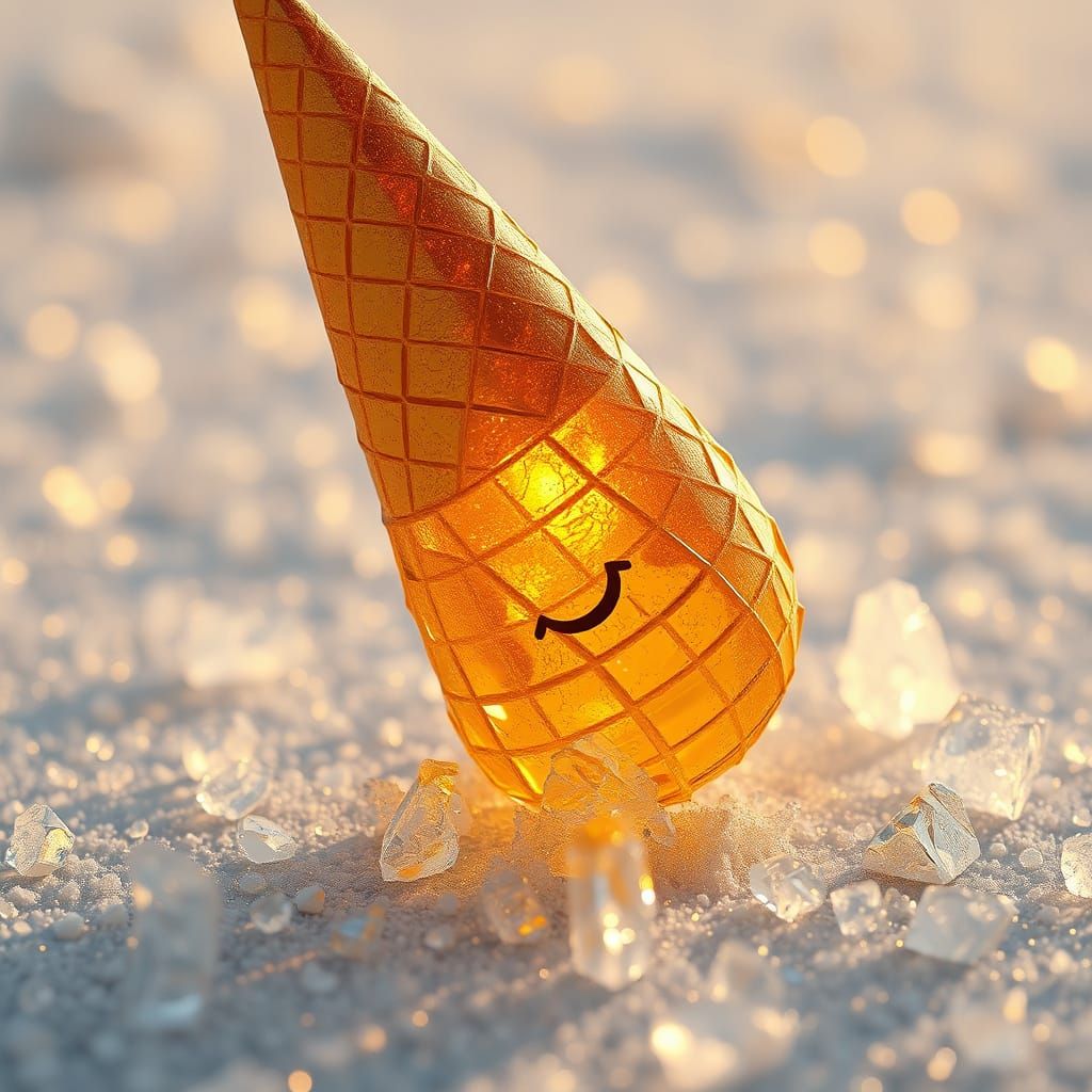 Golden Crumbling Cone with Geometric Patterns in CGI Style