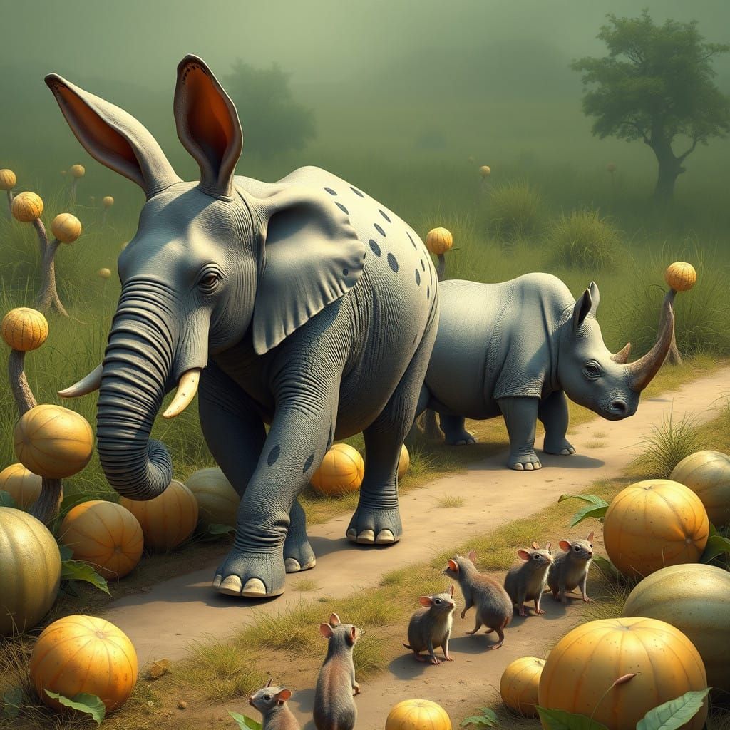 Fantastical Menagerie Strolls Amidst Melons in Whimsical Lan...