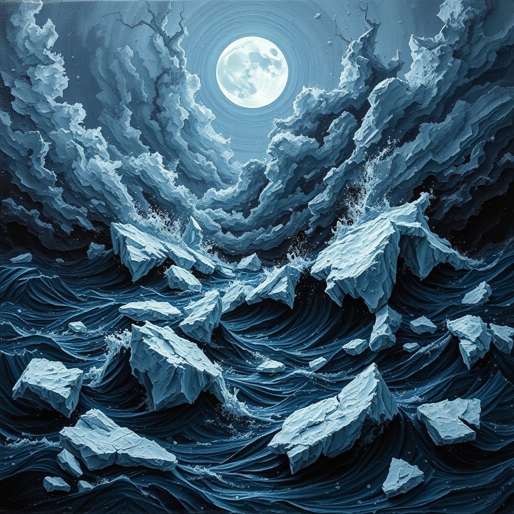 Arctic Storm Under Icy Moon in 3D Impasto Style