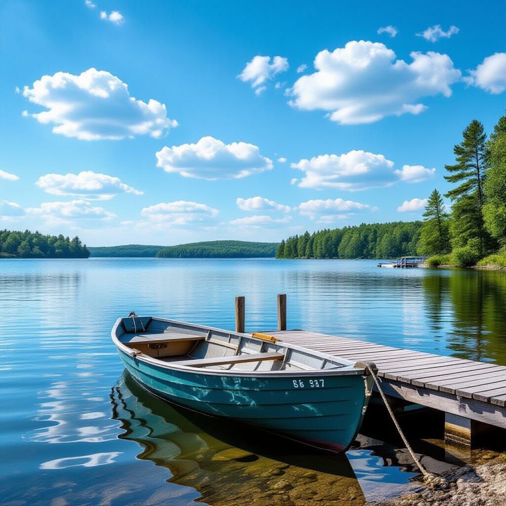 Rowboat on Dock on a Calm Sunny Day