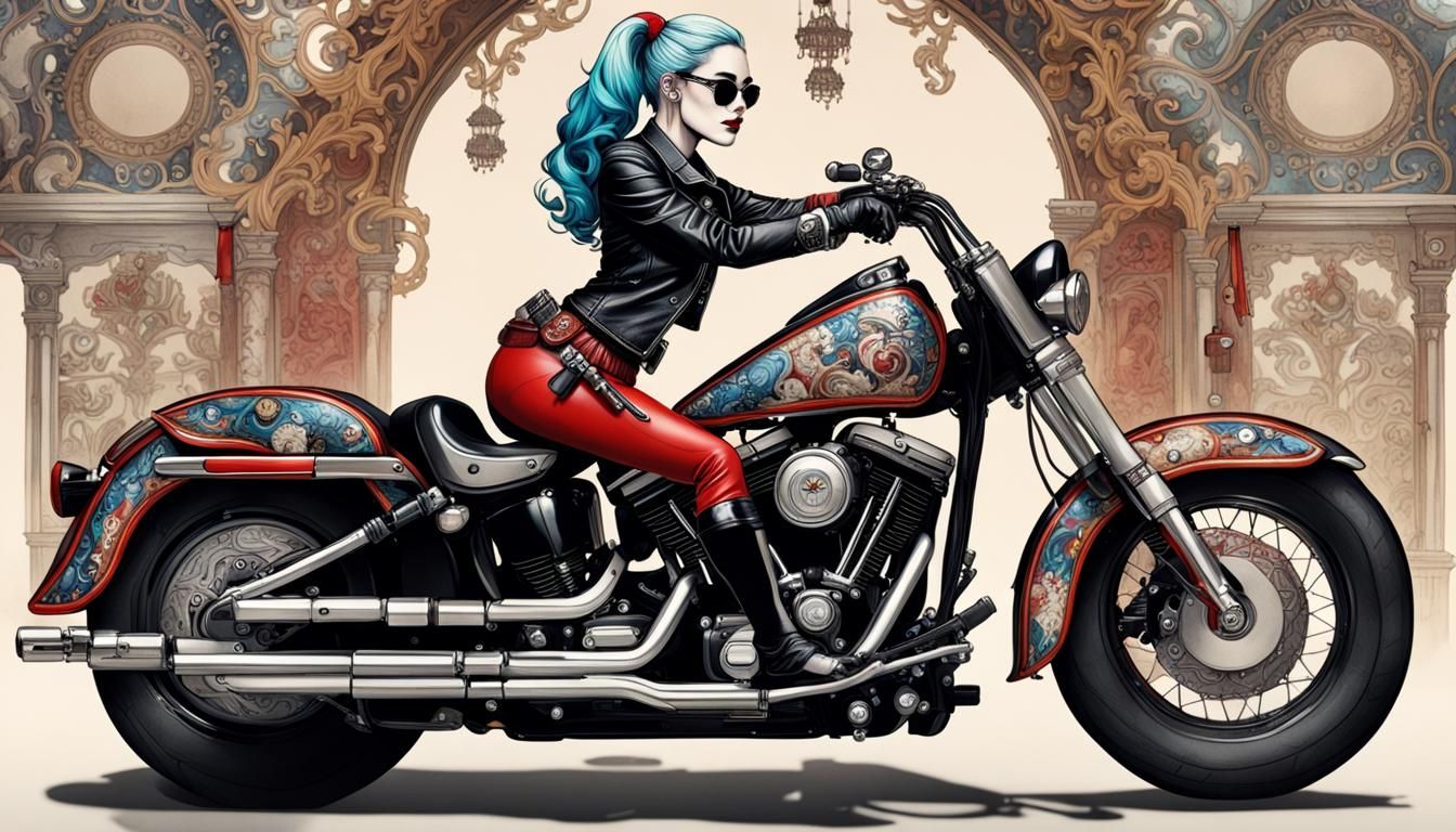 Harley Quinn on Motorcycle, Rococo Style