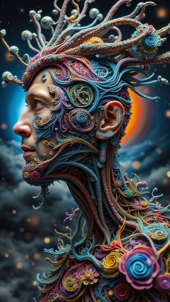 Fractal Faced Man with Rainbow Lightning, Cinematic Style