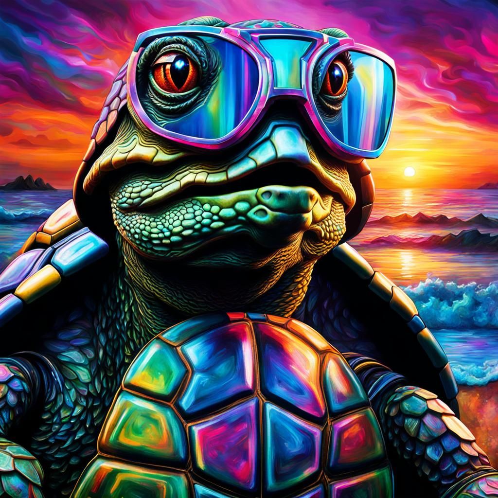 Techno Turtle at Beach Party in Surreal Style