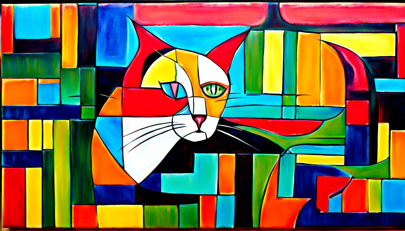 Colorful Cat Painting in Absurdist Cubist Style