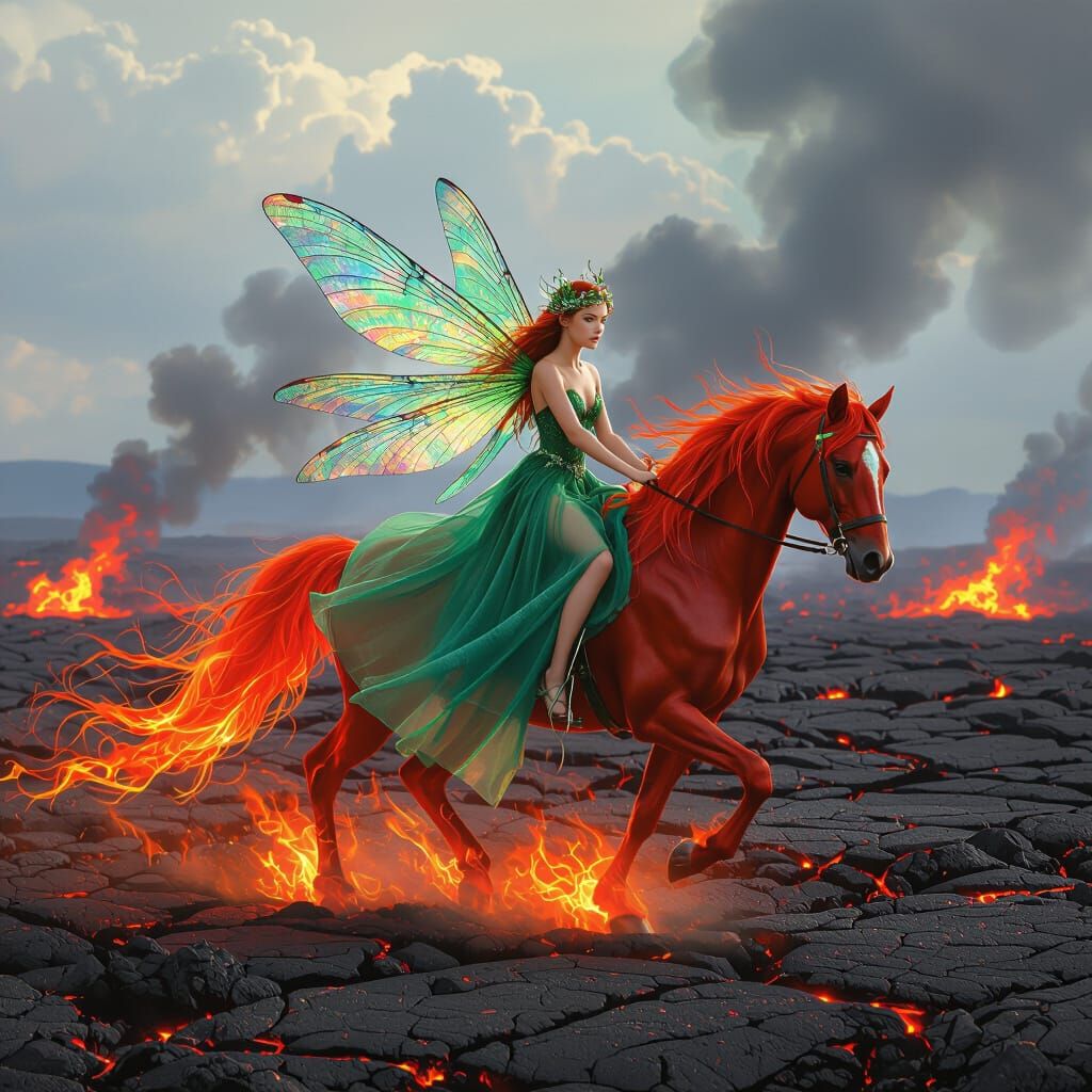 Forest Nymph Rides Fiery Stallion Through Lava Field