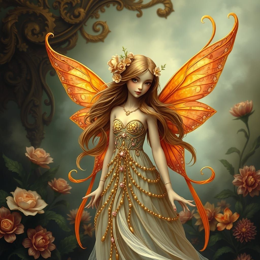 a stunning fairy-like figure with vibrant orange wings and a detailed dress. Her flowing hair is adorned with flowers, s...