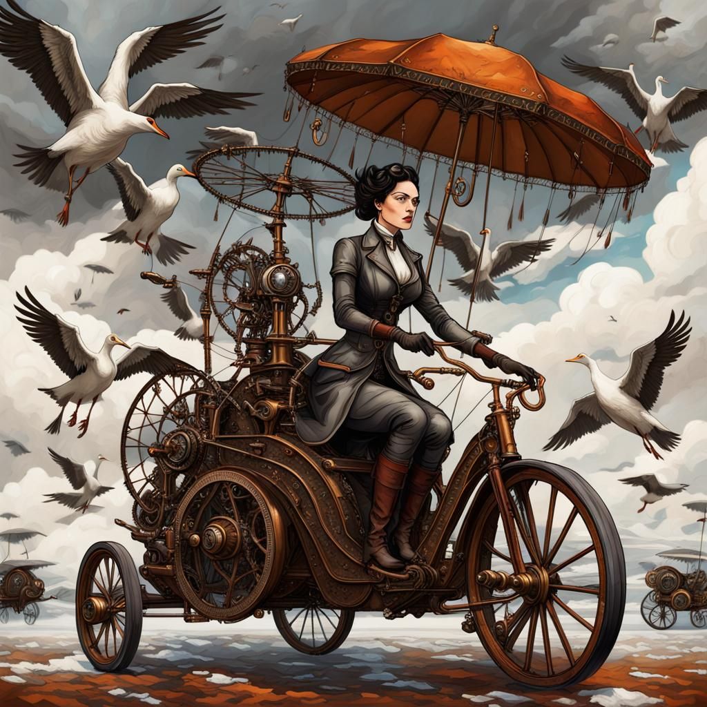 Steampunk Woman Rides Mechanical Tricycle Under Umbrella