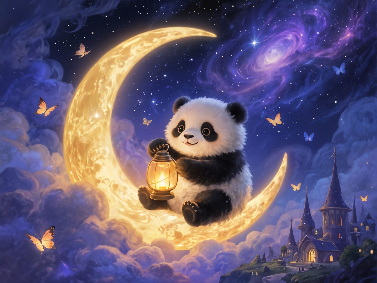 Adorable Panda with Glowing Lantern on Crescent Moon