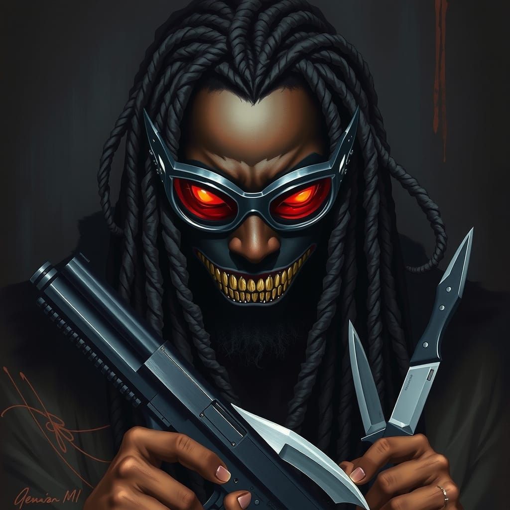 Ominous Masked Figure in Gritty Basquiat Style