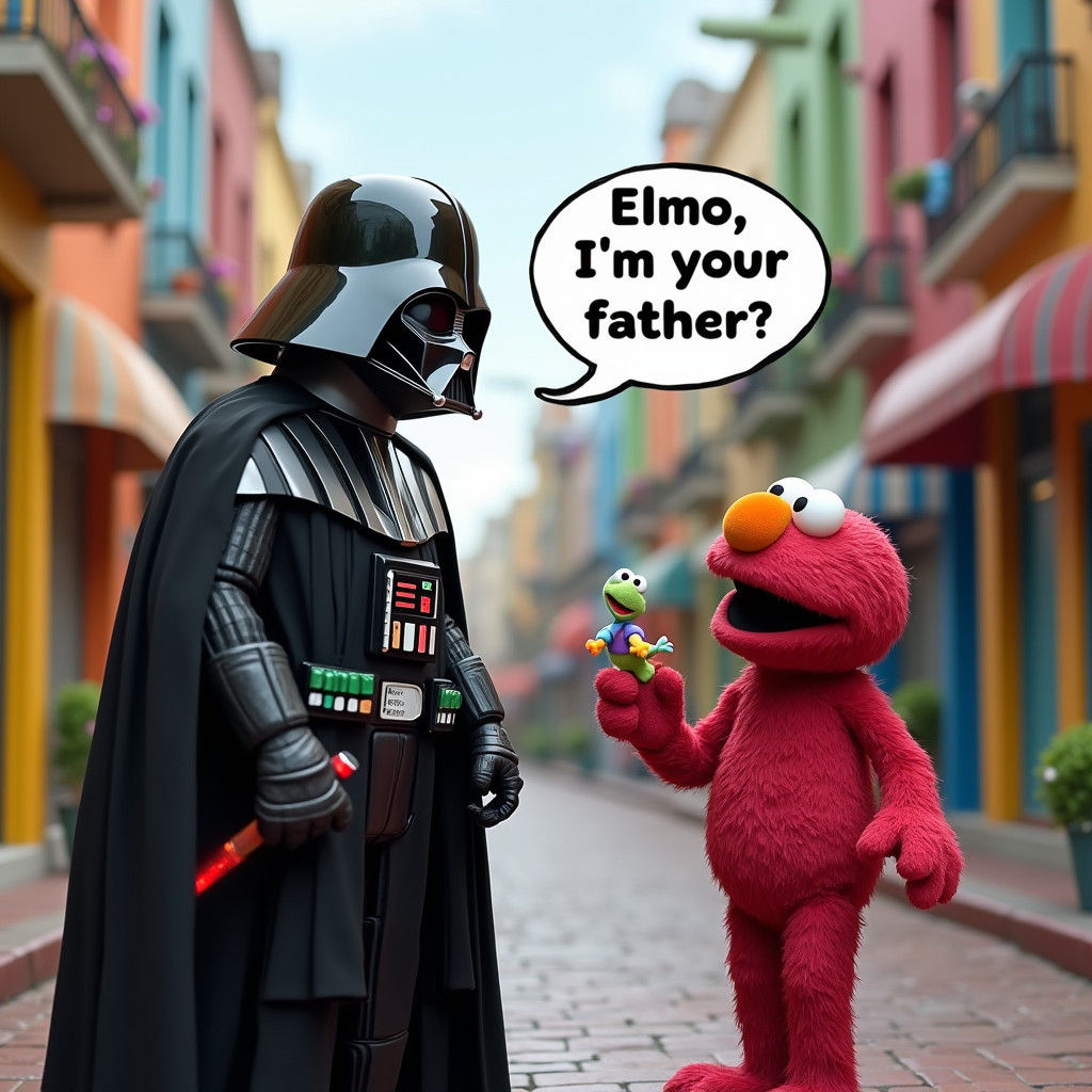 Darth Vader Confronts Elmo in Urban Setting