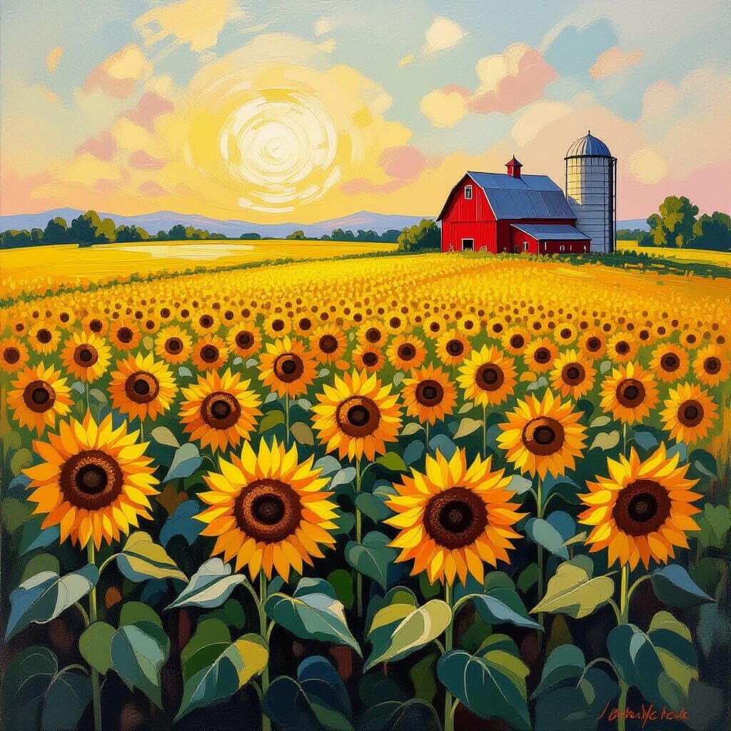 Sunflower Field Landscape in Impressionistic Style