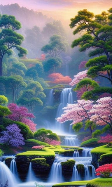 Valley River With Blooming Trees, Digital Illustration
