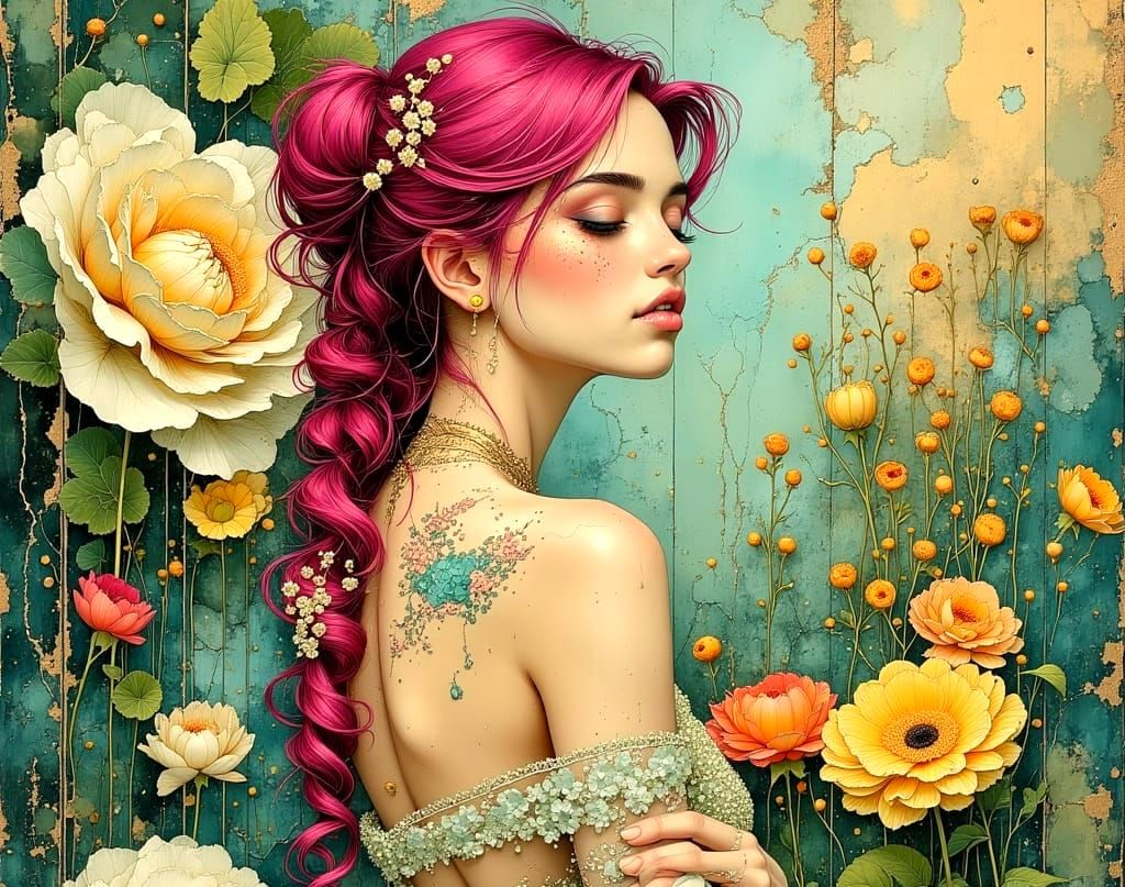 Magenta Haired Woman in Surreal Art Deco Garden