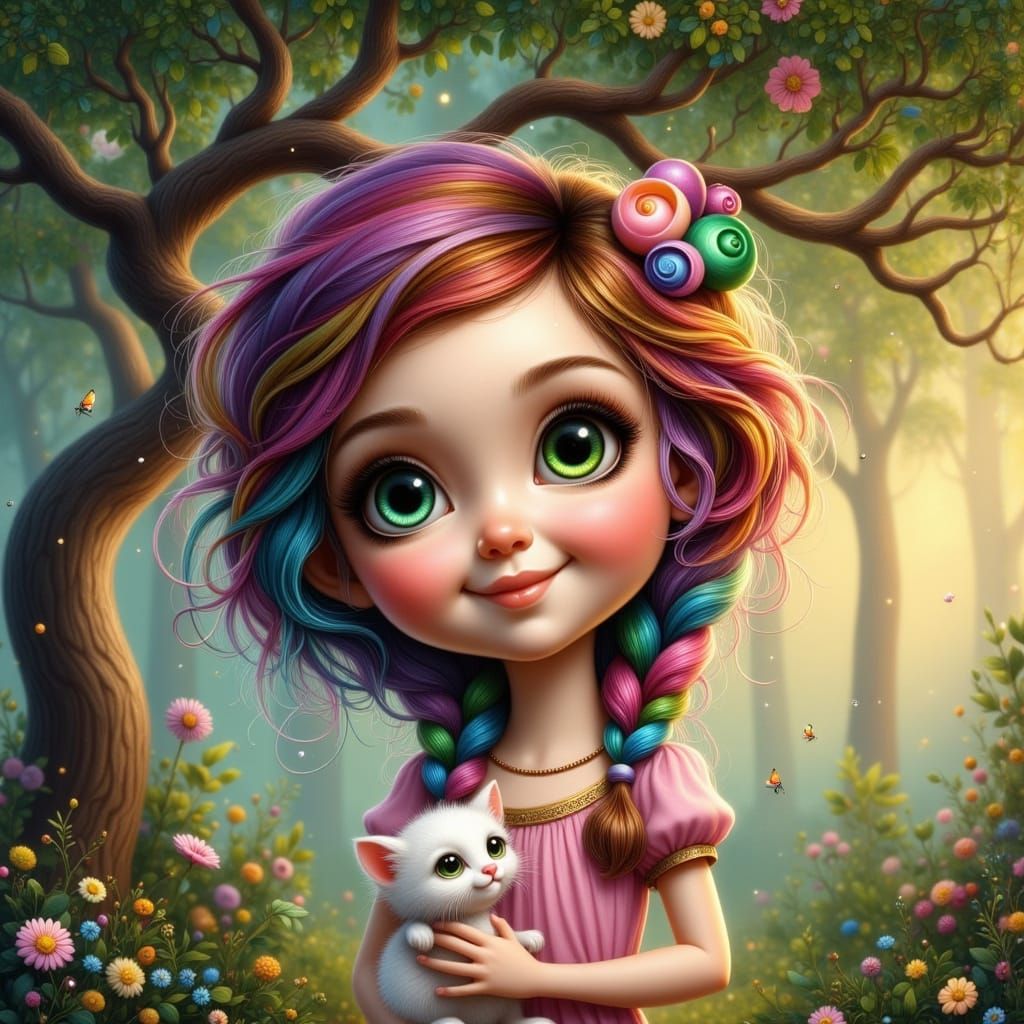 Whimsical Girl and Kitten in Enchanted Forest