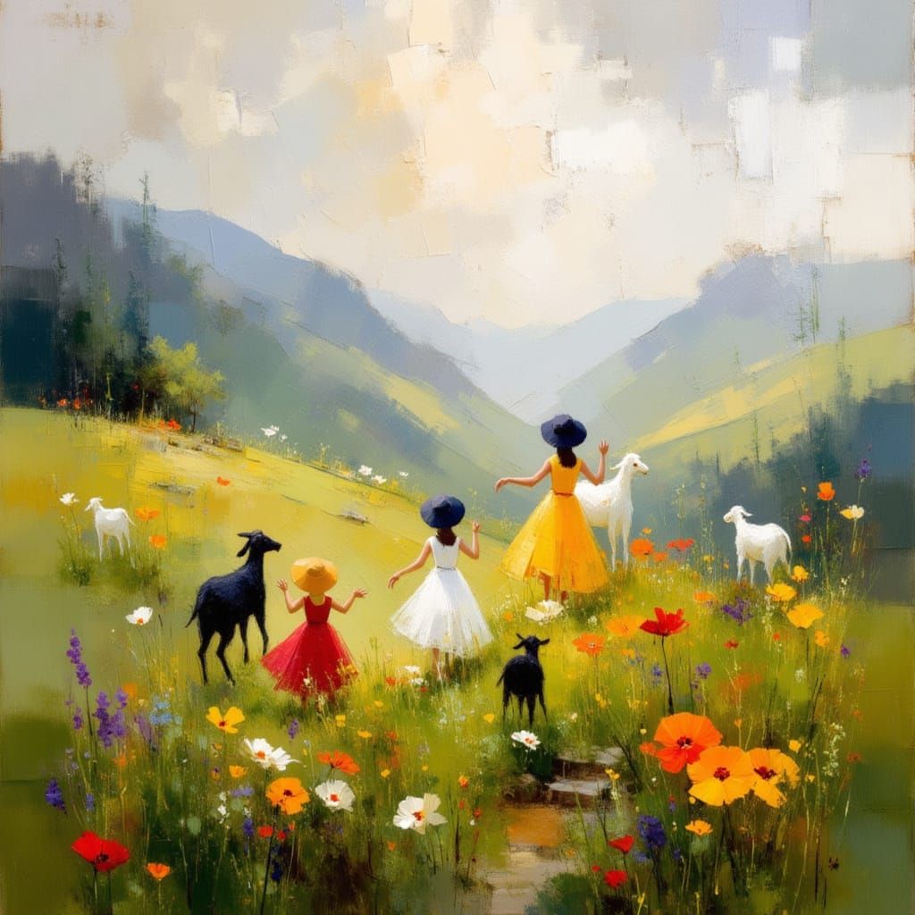 Impressionist Painting: Girls and Goats on Foggy Hillside