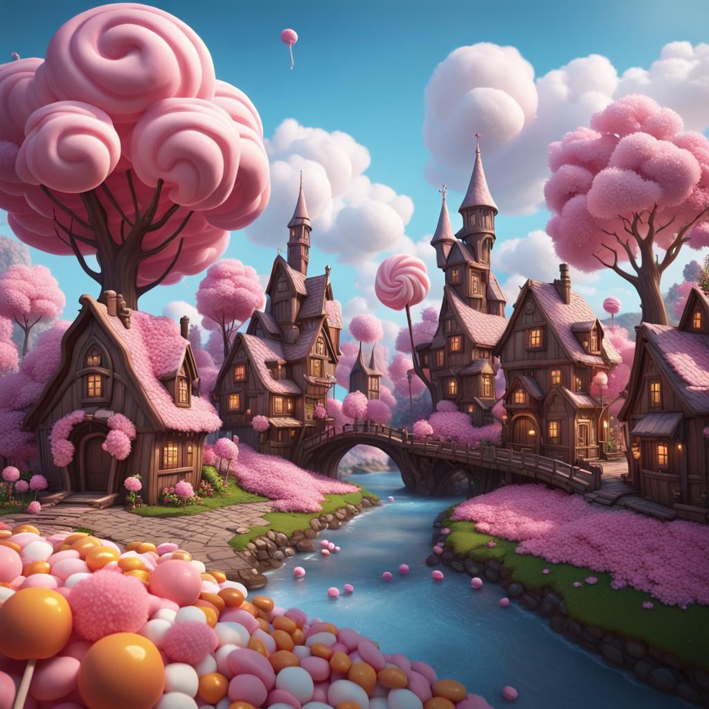 A chocolate and candy village with cotton candy trees? Oh what sweet dreams are these!