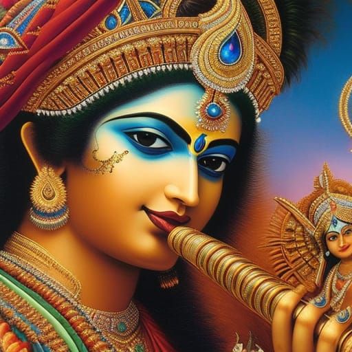 Majestic Krishna Playing Flute in Dreamtime Style