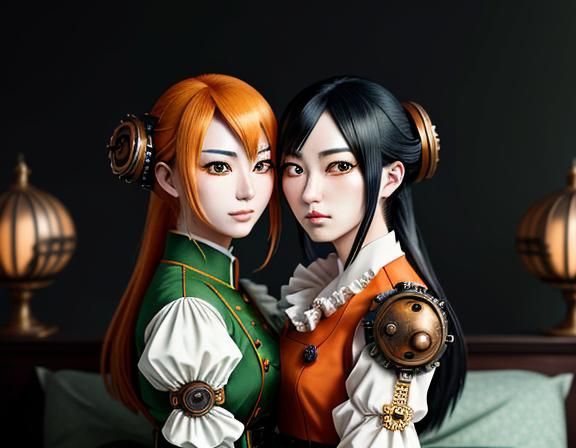 Twin Kemono Sisters Kissing in Steampunk Anime Style