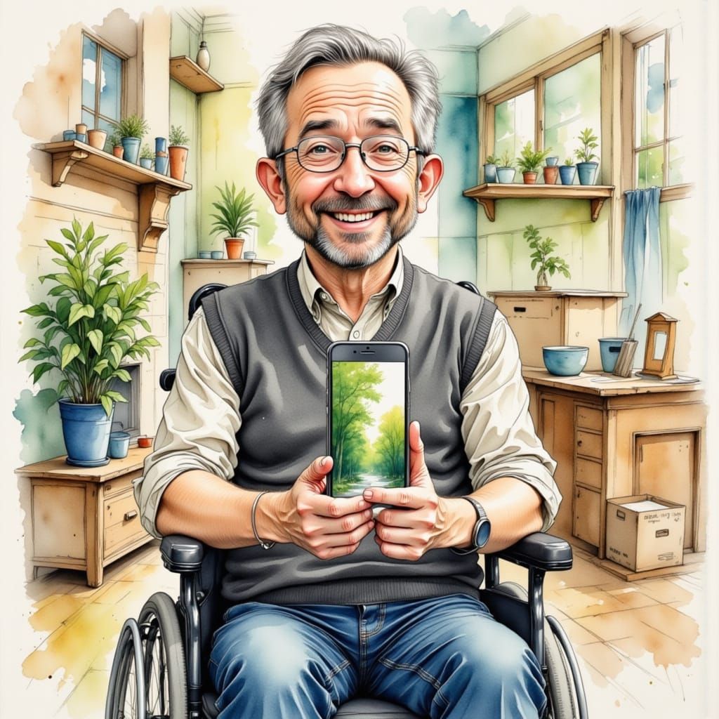 Playful Watercolor Portrait of a Man in Wheelchair with Smar...