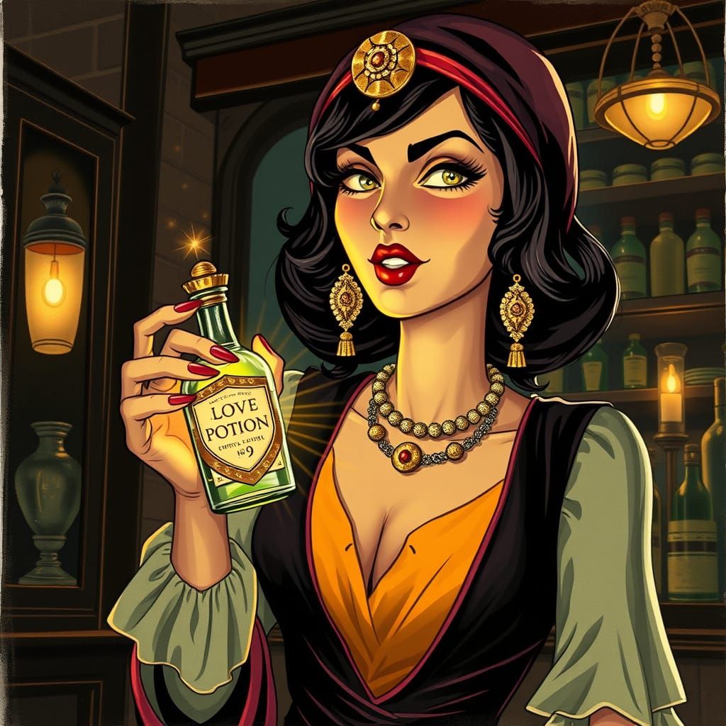 Gypsy Woman Sells Love Potion No. 9 in Vintage Ad Style