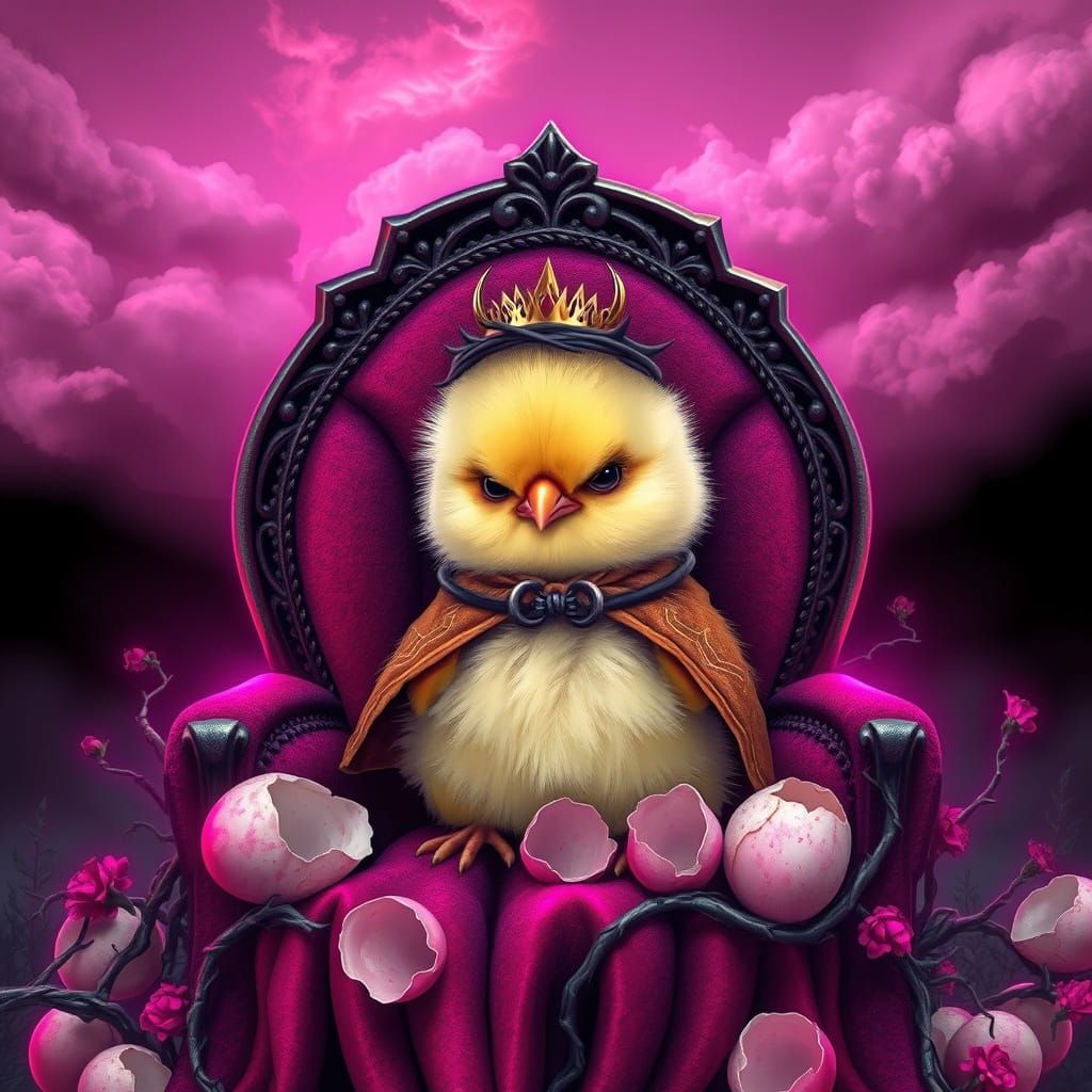 Grumpy Chick on Gothic Throne in Dark Whimsical Style