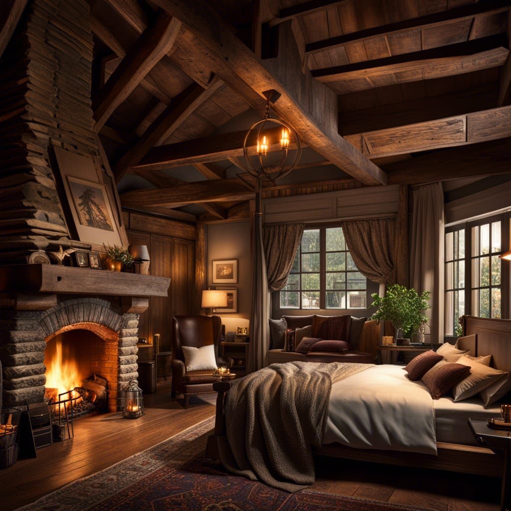 Rustic Bedroom with Fireplace in 3D Render