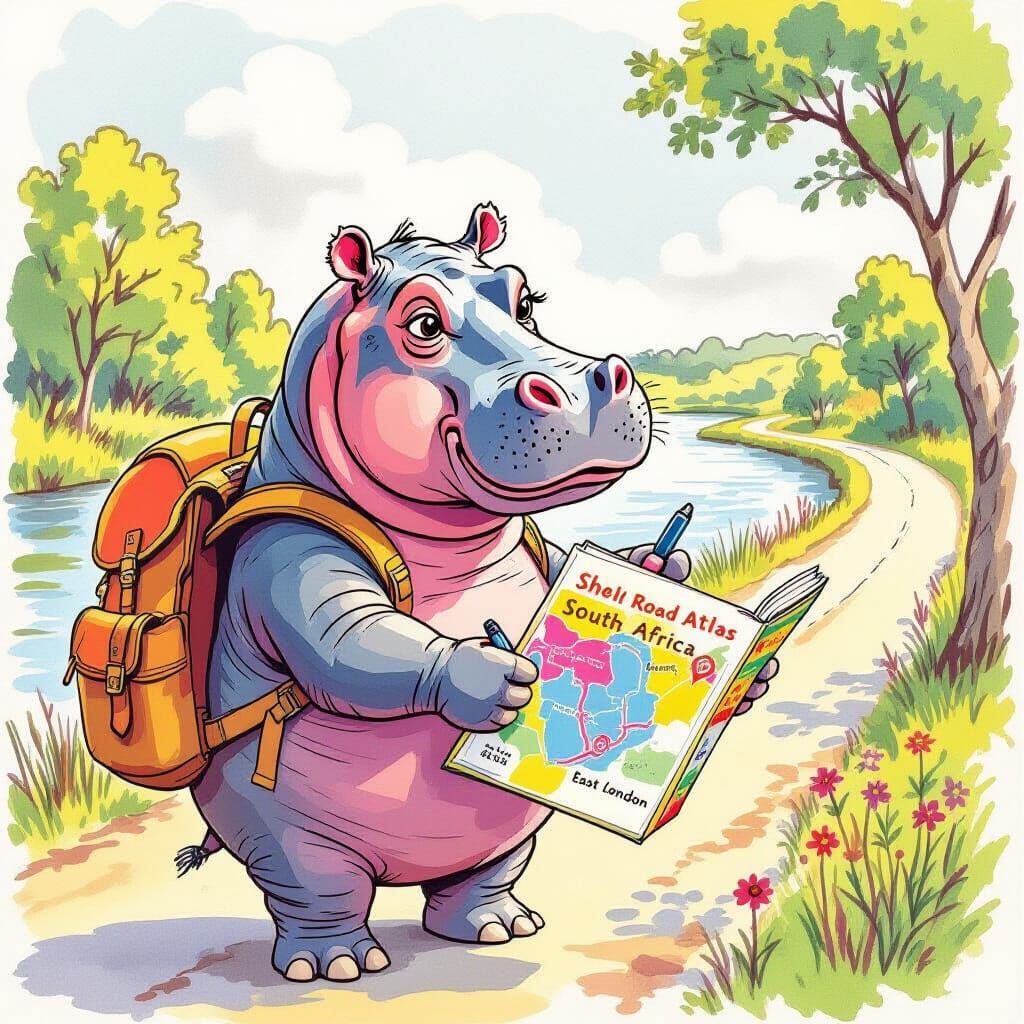 Huberta the Hippo Plans Her Journey, Children's Book Art