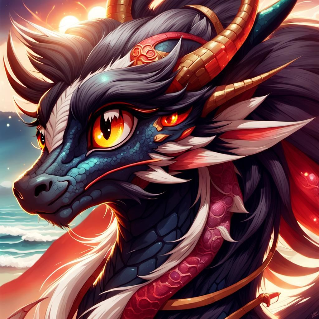 Anime Dragon Character on Beach in Cel-Shaded Style
