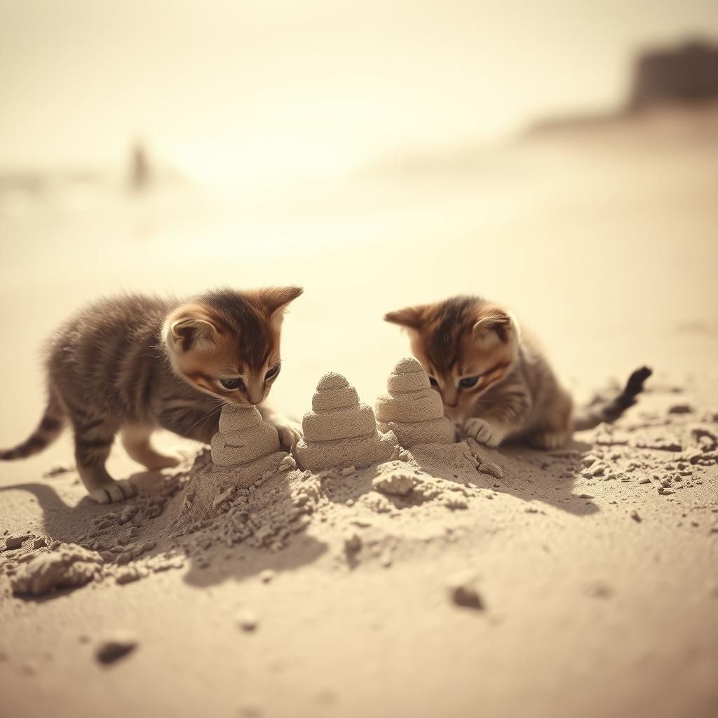 Kittens Build Sandcastle: 1930s Sepia Photo