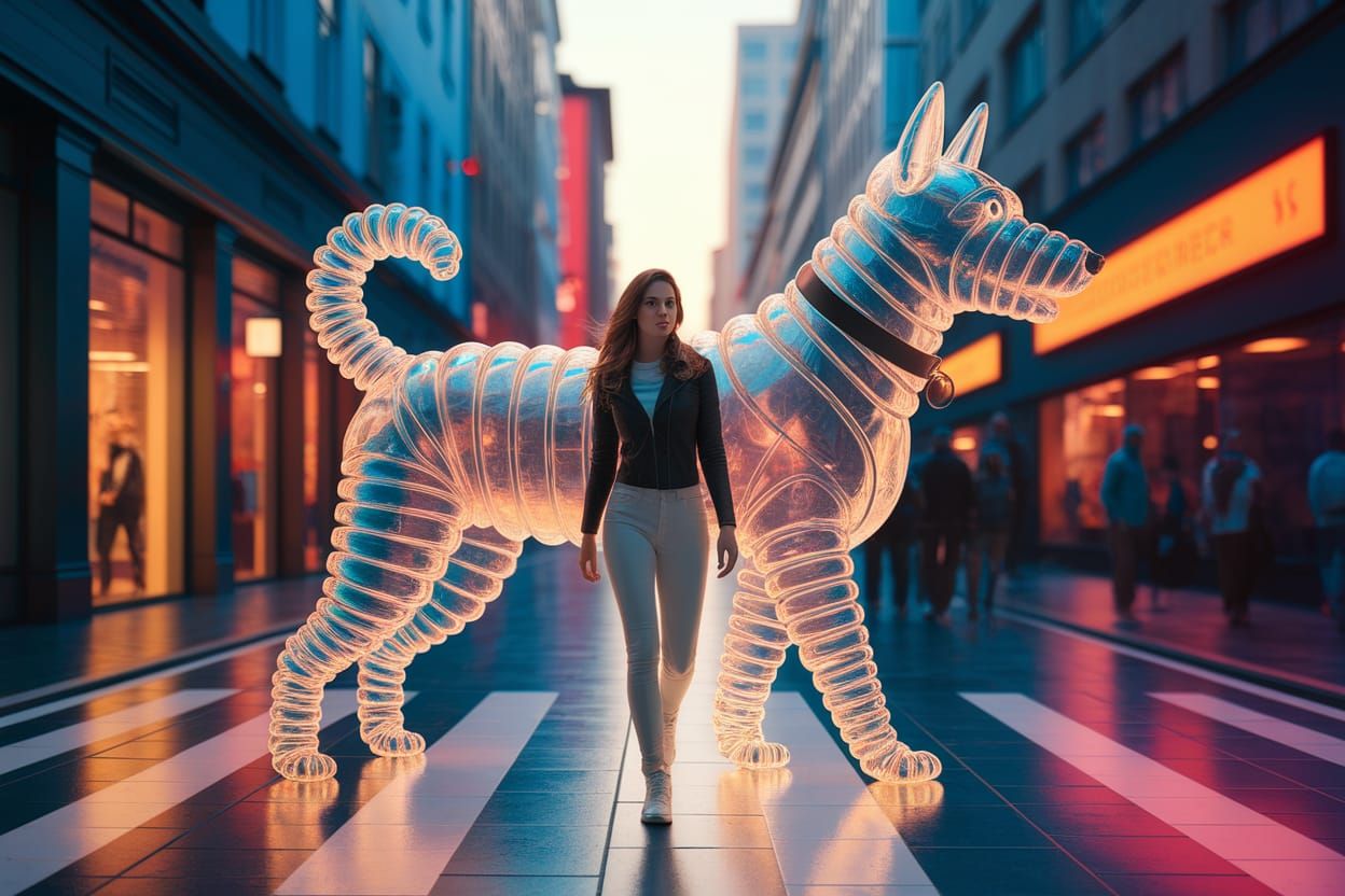 Woman Walks Giant Plastic Bottle Dog: Pop Art