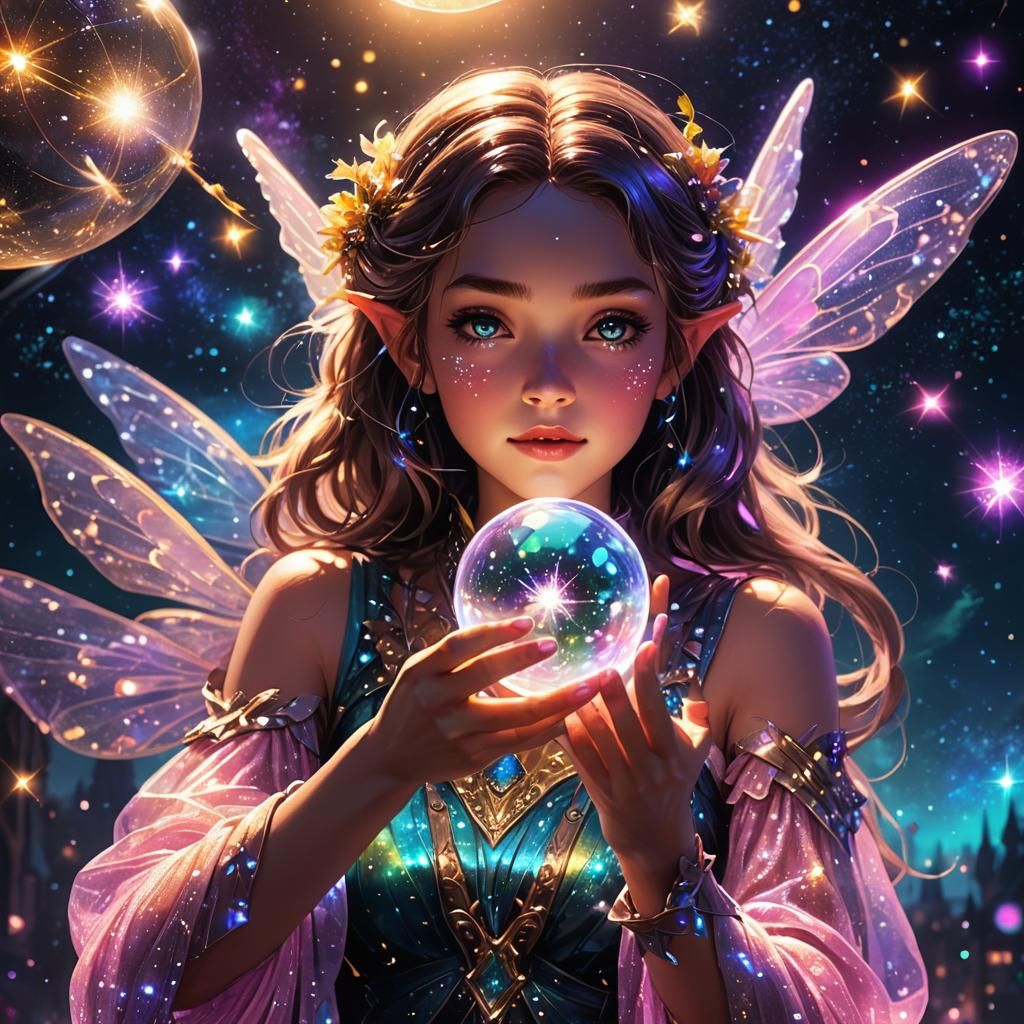 Fairy Holding Orb in Starry Galaxy