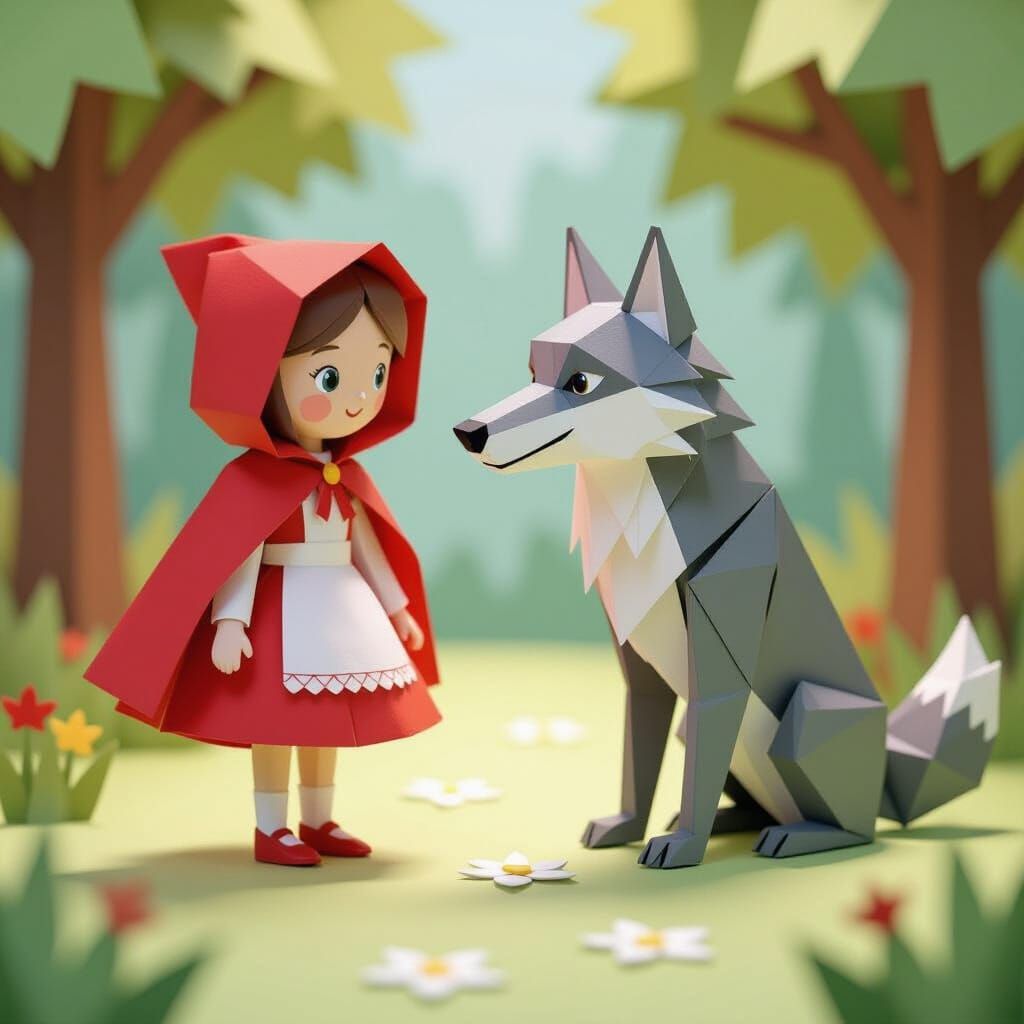 Little Red Riding Hood & Wolf in Origami Papercraft Style