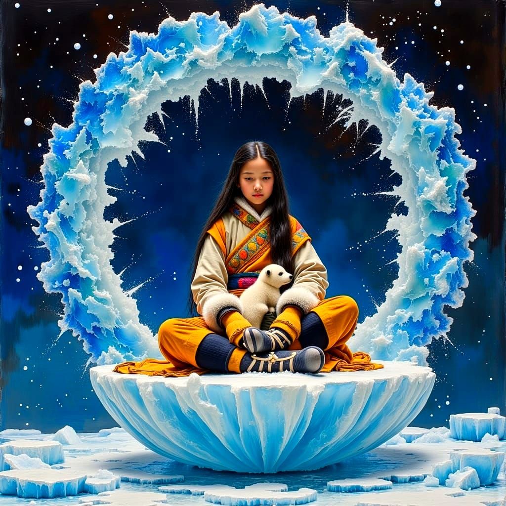 Tibetan Noble Girl with Polar Bear Cub in Majestic Mandala