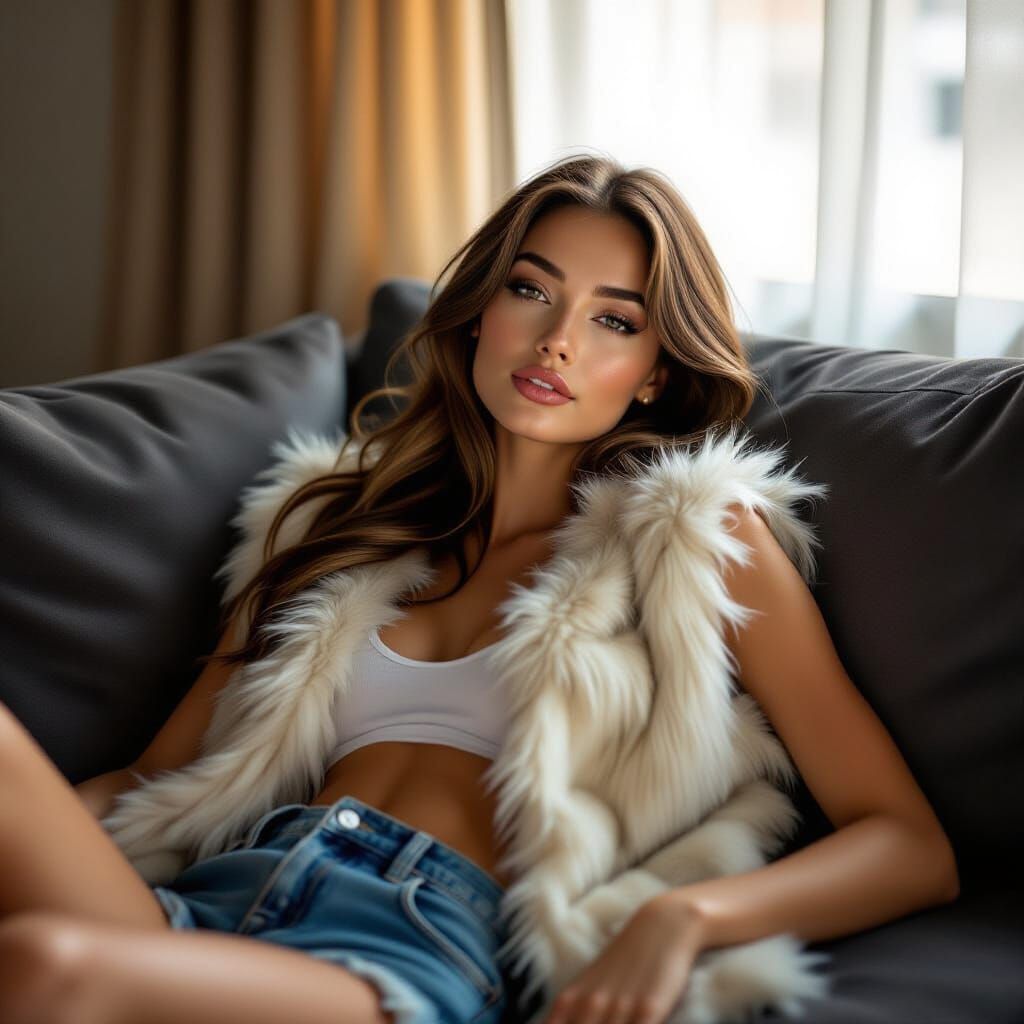 Photorealistic Woman Lounging on Sofa in Golden Hour Glow