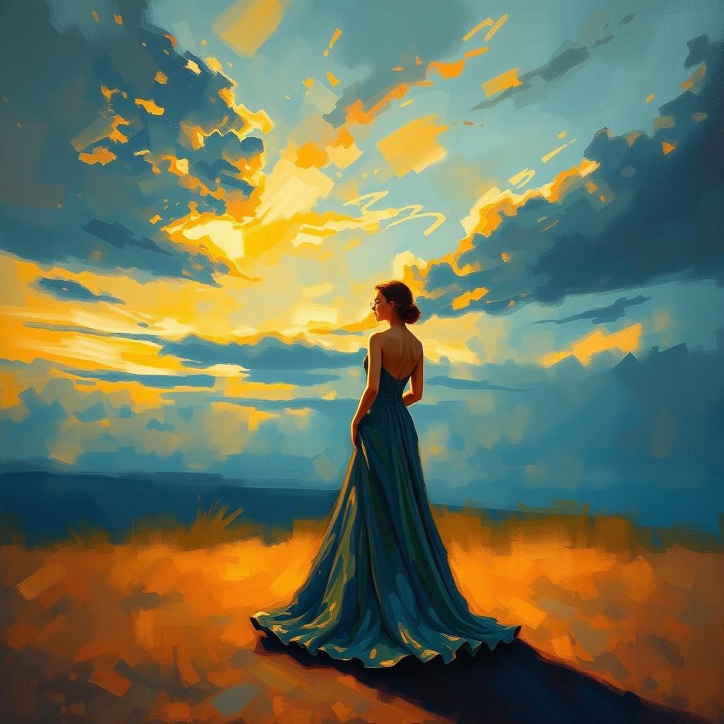 Woman in Evening Gown Under Golden Sky