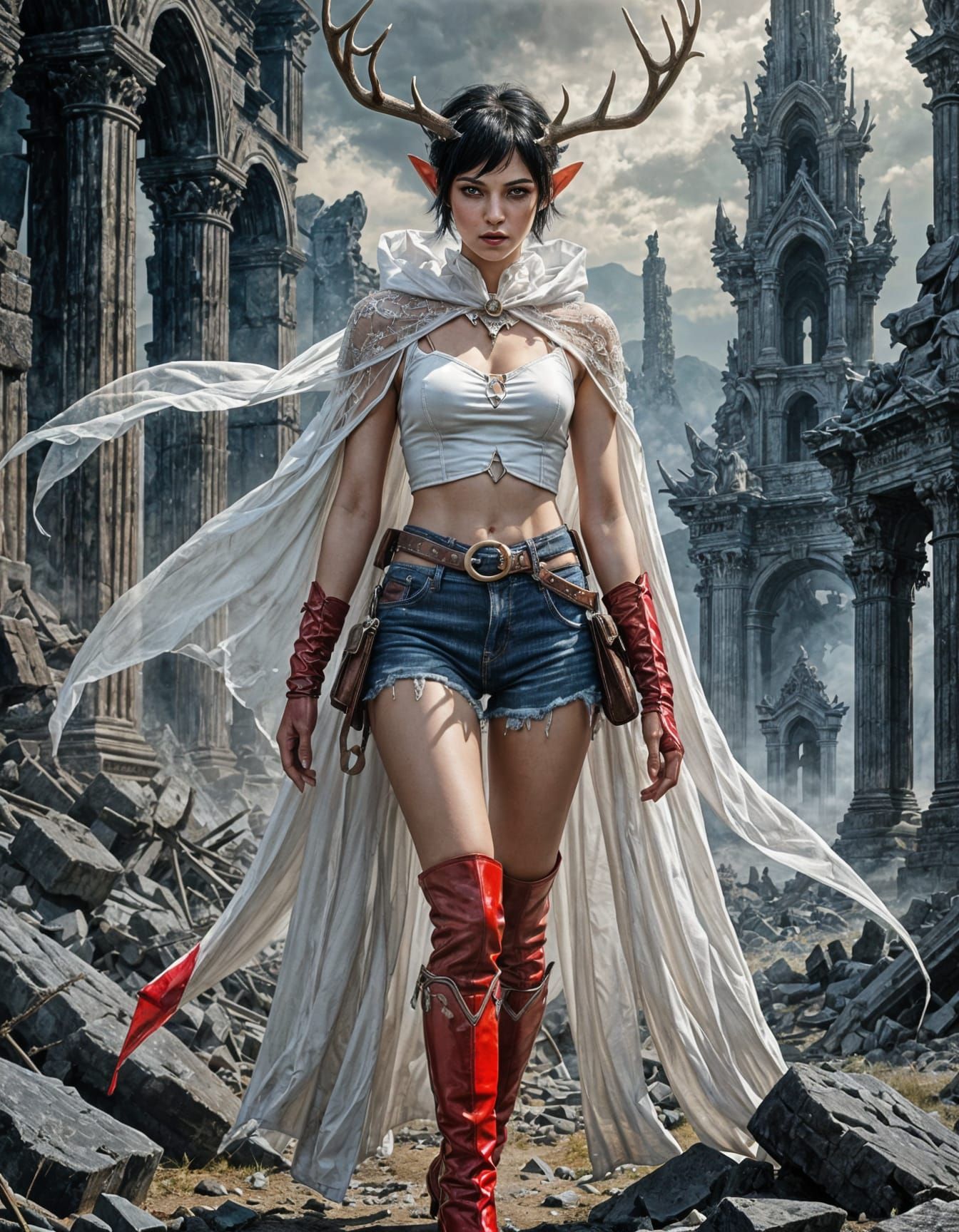 Surreal Fantasy Elf Amidst Volcanic Ruins