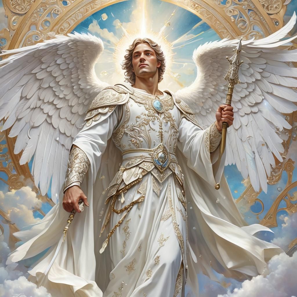 Close-up. A male angel wearing white clothing, with 6 large ...