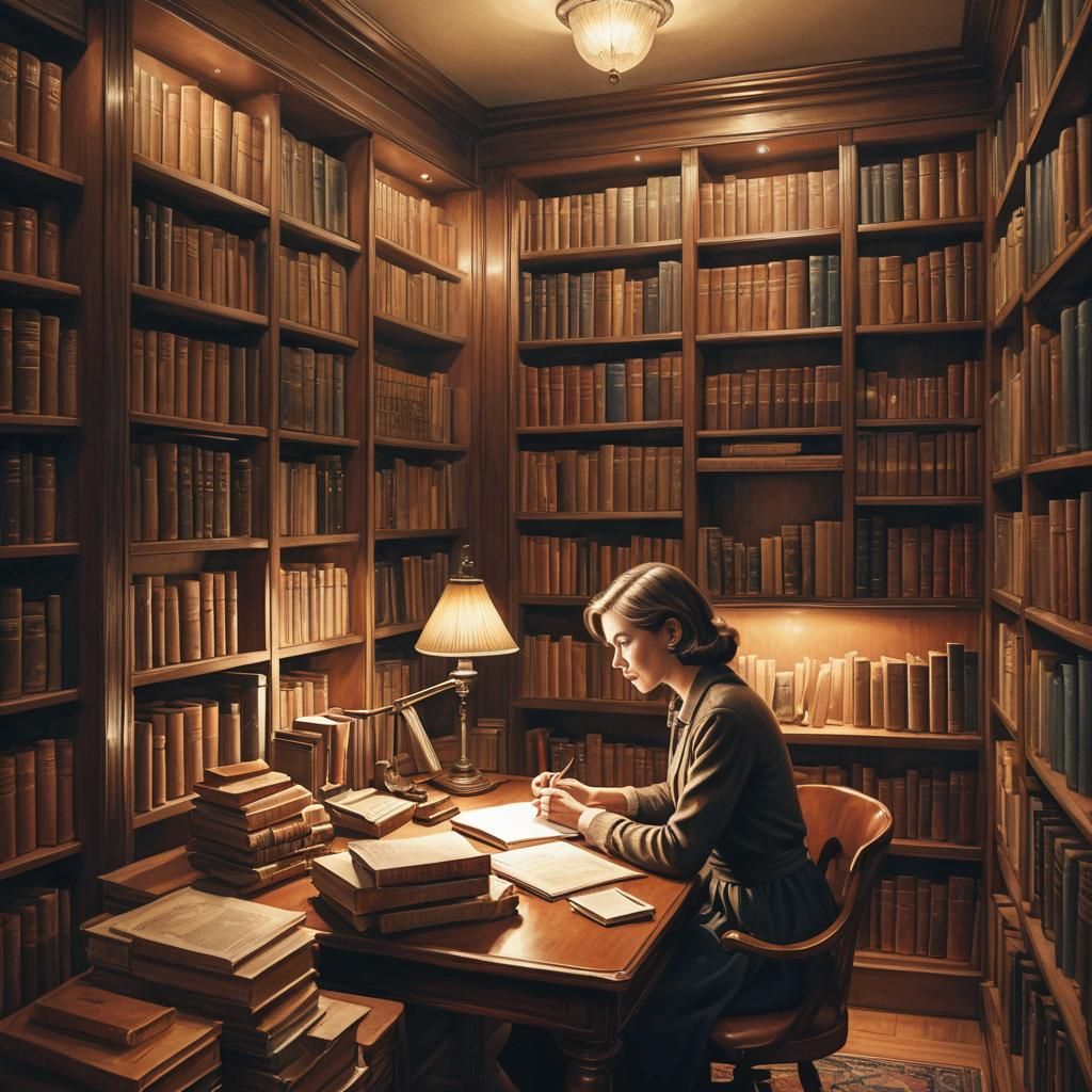 Elegant Woman in Cozy Library: Digital Painting