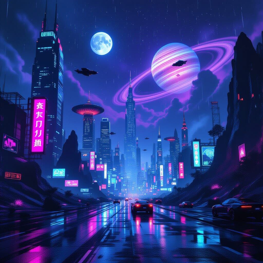 Cyberpunk Cityscape at Night with Neon Lights