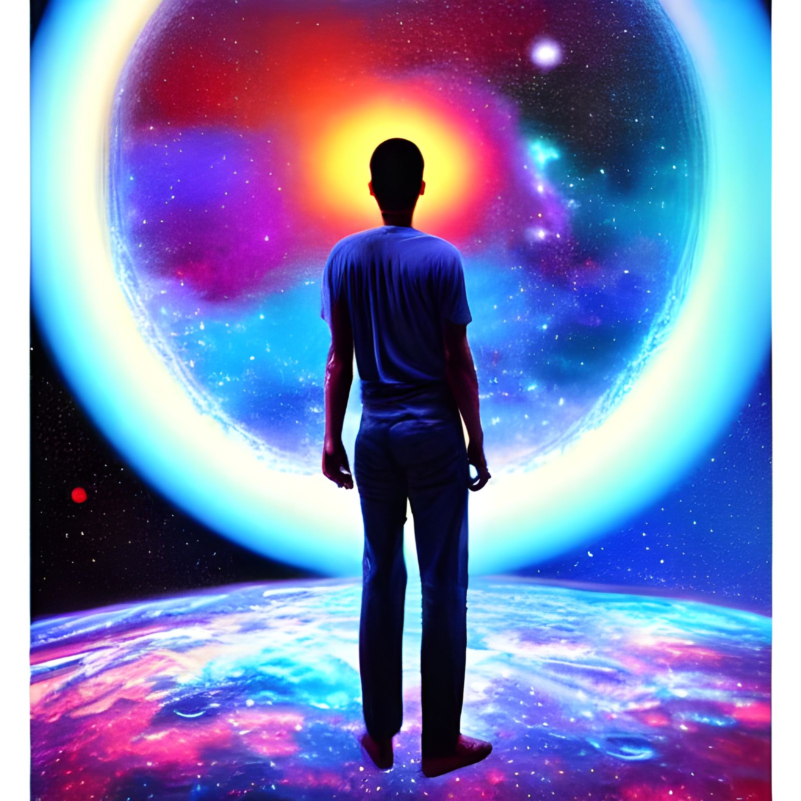 Man Floating in Space: Holographic Astral Illustration