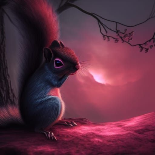 Pink Squirrel with Glowing Eyes: Digital Matte Painting