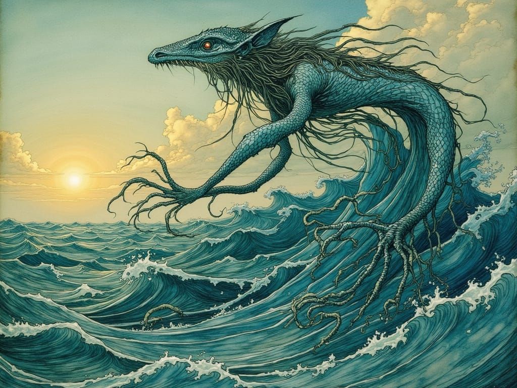 Mystical Cetus Rises from Iridescent Waves in Dreamlike Styl...